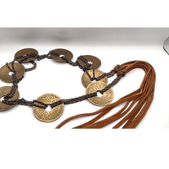 Vintage 60s hippie boho belt with gold tone concho disc medallions tassels - Picture 2 of 11